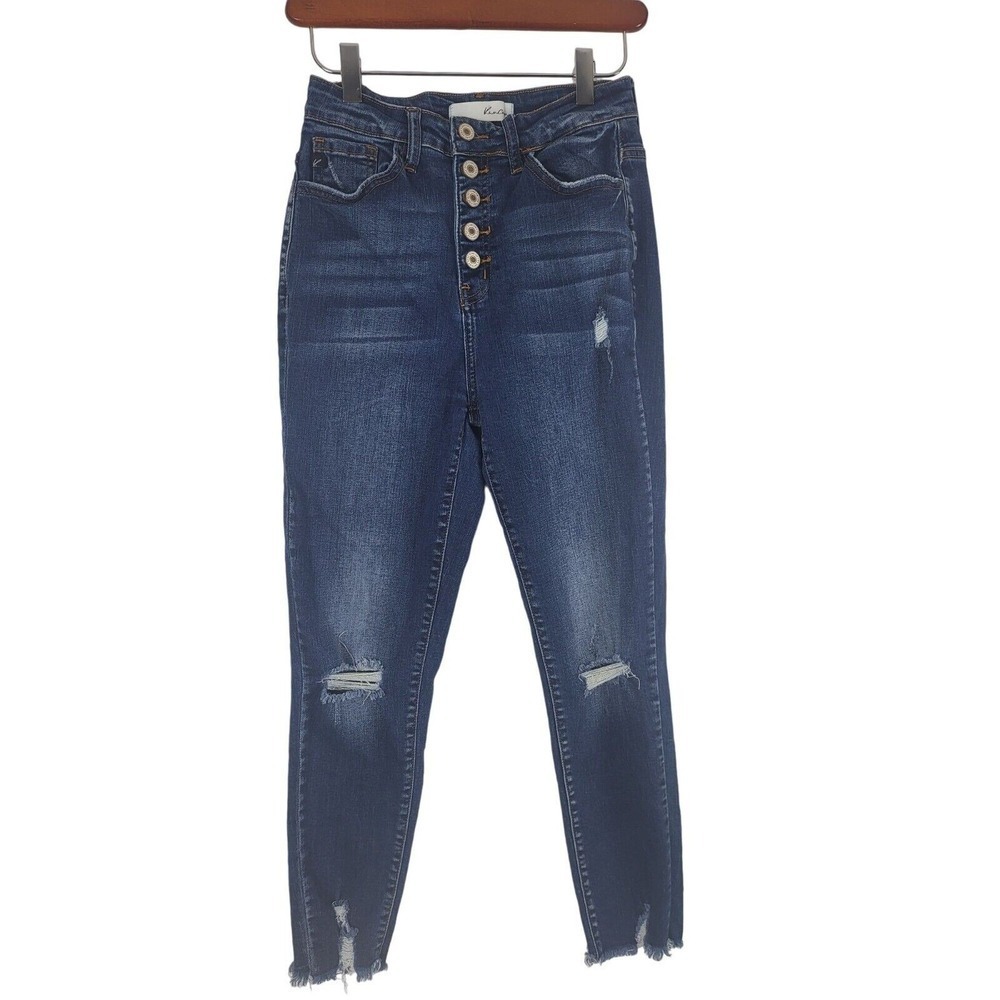 Kancan Button Fly Jeans 3/25 Womens Distressed Skinny Leg High Rise Raw Hem